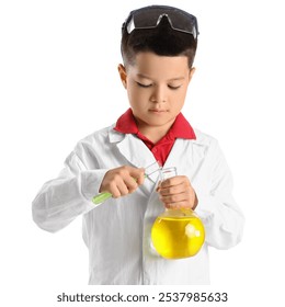 Cute little boy conducting experiment with chemistry flasks on white background - Powered by Shutterstock