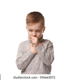 Cute Little Boy Coughing On White Background