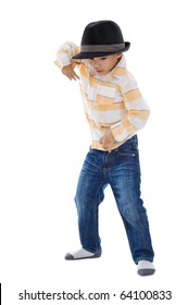 cute little boy dancing on white background. hands slightly motion blurred from this action.