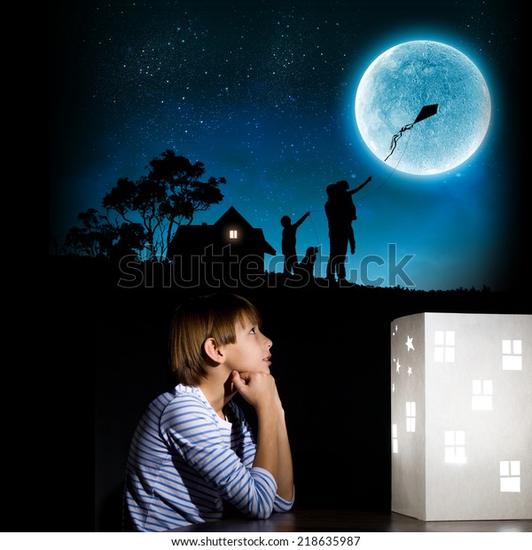 Cute Little Boy Dark Room Dreaming Stock Photo Edit Now