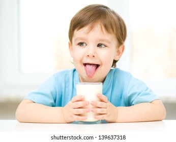 Litlle Boy Holds Glass Fresh Milk Stock Photo (Edit Now) 182815760