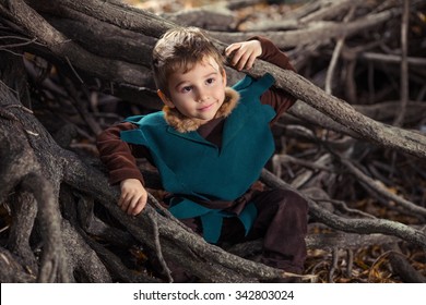 Cute little boy dressed as a knight playing in the woods 