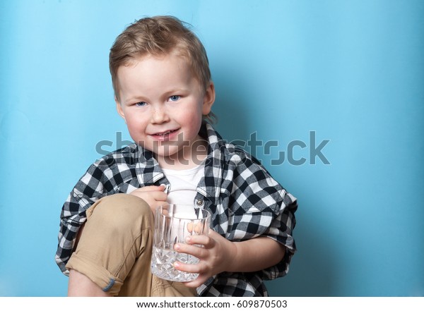 Cute Little Boy Drinking Water Glass Stock Photo Edit Now 609870503