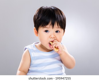 Cute Little Boy Eating Cookie