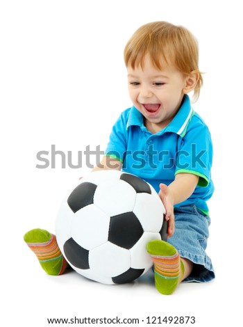 cute little boy with football ball, isolated on white
