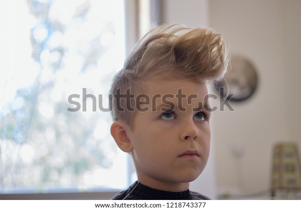 Cute Little Boy Hairstyle Sitting Home People Education