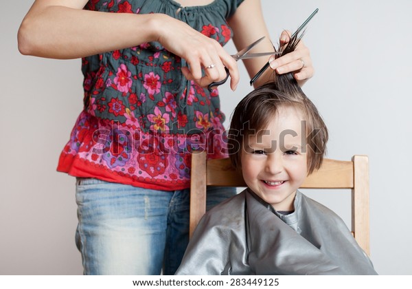 Cute Little Boy Having Haircut Smiling People Beauty Fashion
