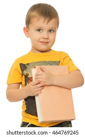 Cute Little Boy Holding A Book. Close-up - Isolated On White Background