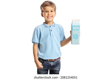 Cute Little Boy Holding A Carton Pack Of Milk Isolated On White Background