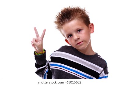 Cute Little Boy Holding Up The Peace Sign, Wearing Stripes On A White Background