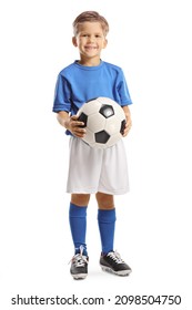 Cute little boy holding a soccer ball and smiling at camera isolated on white background