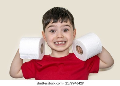 Cute Little Boy Is Holding Toilet Paper Roll On Hands,flexing Both Arm Muscles Like In Sports,athletic.happy Boy Is Having Fun With Tissue Rolls. Hygiene Daily Use Product.adorable Kid In Red T Shirt 