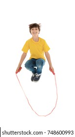 Cute Little Boy Jumping Rope On White Background