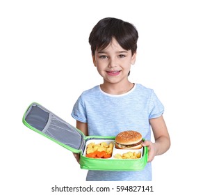 Cute Little Boy With Lunchbox On White Background