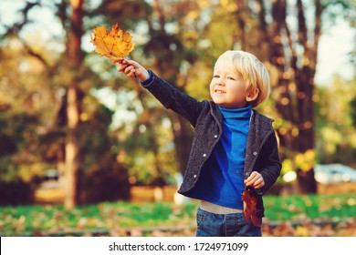 Cute Little Boy Playing With Maple Leaves Outdoors. Happy Child Walking In Autumn Park. Toddler Baby Boy Wears Trendy Jacket And Jeans. Blonde Boy Portrait. Autumn Fashion. Stylish Child Outside.