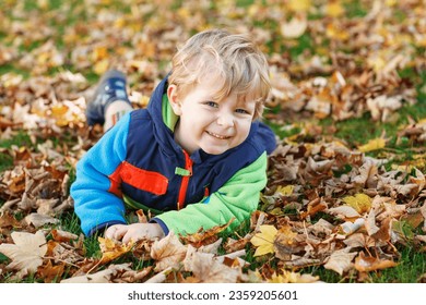 Cute little boy playing with maple leaves outdoors. Happy child walking in autumn park. Toddler baby boy wears trendy jacket . smiling Blonde boy portrait. Autumn fashion. Stylish child outside. - Powered by Shutterstock