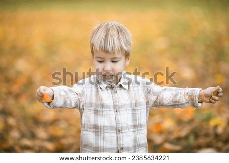 Similar – Image, Stock Photo Sun always shines after the rain. Small bond infant boy wearing yellow rubber boots and yellow waterproof raincoat walking in puddles in city park on sunny rainy day.