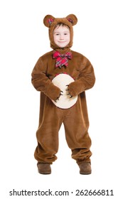 Cute Little Boy Posing In A Bear Costume. Isolated On White