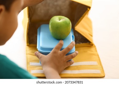 Cute Little Boy Putting His Lunch In Bag