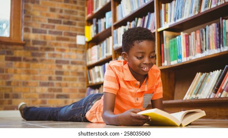 Cute little boy reading book in the library