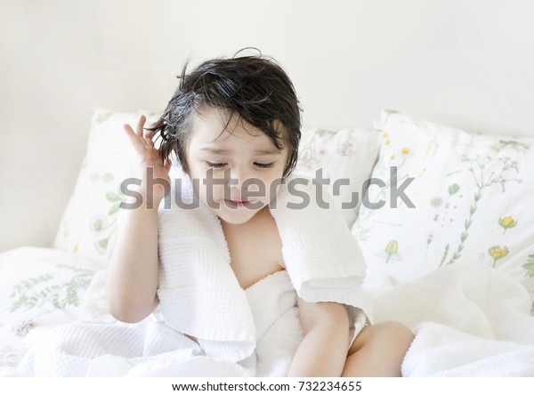 Cute Little Boy Sitting Bed Wet Stock Photo Edit Now 732234655