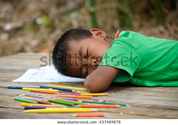 Cute Little Boy Sleeping On Wooden Stock Photo Edit Now 437489878