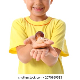 Cute Little Boy With Snail On White Background