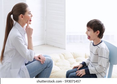 Cute Little Boy At Speech Therapist Office