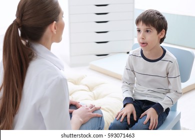 Cute Little Boy At Speech Therapist Office