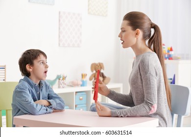 Cute Little Boy At Speech Therapist Office