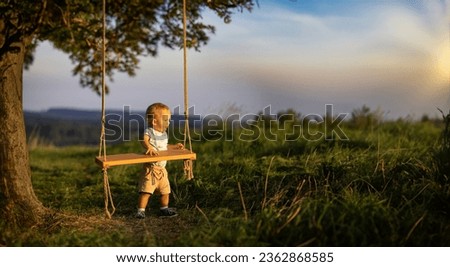 Cute little boy standing by a wooden rope swing at sunset, Summer evening in nature.