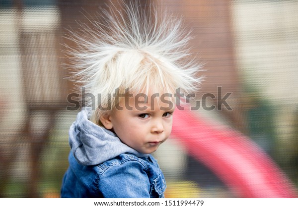 Cute little boy with\
static electricy hair, having his funny portrait taken outdoors on\
a trampoline