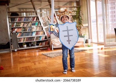 A cute little boy with a sword and a shield  posing for a photo while playing in a cheerful atmosphere at home. Family, together, love, playtime