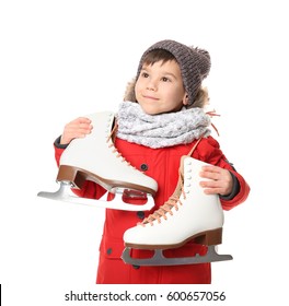 Cute Little Boy In Warm Clothes With Ice Skates On White Background