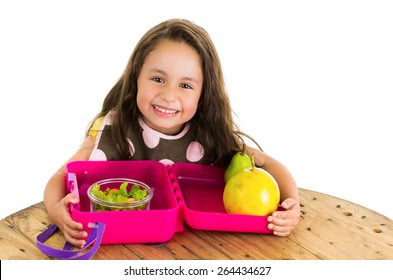 Cute little brunette girl with her healthy lunchbox isolated on white - Powered by Shutterstock