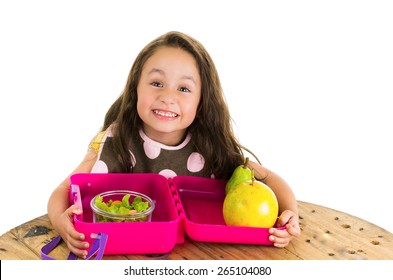 Cute little brunette girl with her healthy lunchbox isolated on white - Powered by Shutterstock