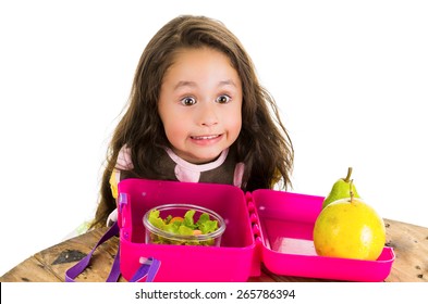 Cute Little Brunette Girl With Her Healthy Lunchbox Isolated On White