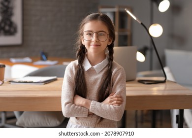 Cute Little Businesswoman Working In Office At Night