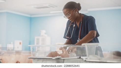 Cute Little Caucasian Newborn Baby Lying in Bassinet in a Maternity Hospital. Beautiful Black Pediatrician Checking Up on a Child. Healthcare, Pregnancy and Motherhood Concept - Shutterstock ID 2288052641