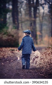 Cute Little Child, Preschool Boy, Holding Lantern And Teddy Bear, Walking In A Dark Forest