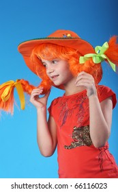 cute little child in a special costume of a Pippi Longstocking