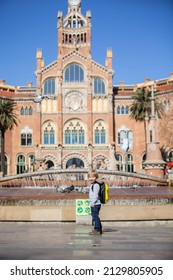 Cute Little Child Tourist, Admiring Barcelona City, Family Travel With Kids In Spain