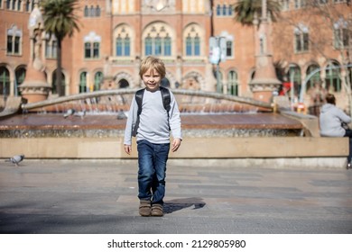 Cute Little Child Tourist, Admiring Barcelona City, Family Travel With Kids In Spain