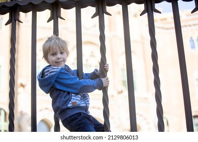 Cute Little Child Tourist, Admiring Barcelona City, Family Travel With Kids In Spain