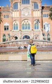 Cute Little Child Tourist, Admiring Barcelona City, Family Travel With Kids In Spain