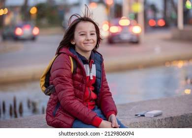 Cute Little Child Tourist, Admiring Barcelona City, Family Travel With Kids In Spain