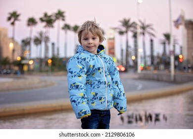 Cute Little Child Tourist, Admiring Barcelona City, Family Travel With Kids In Spain