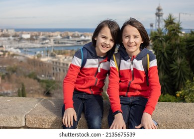 Cute Little Children Tourists Admiring Barcelona City, Family Travel With Kids In Spain