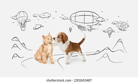 Cute little dog of Beagle and cat over white background with doodles. Friends. Dreaming about mountains. Concept of motion, action, pets love, animal life. Looks happy, delighted. Copyspace for ad. - Shutterstock ID 2202653487