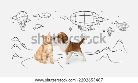 Cute little dog of Beagle and cat over white background with doodles. Friends. Dreaming about mountains. Concept of motion, action, pets love, animal life. Looks happy, delighted. Copyspace for ad.